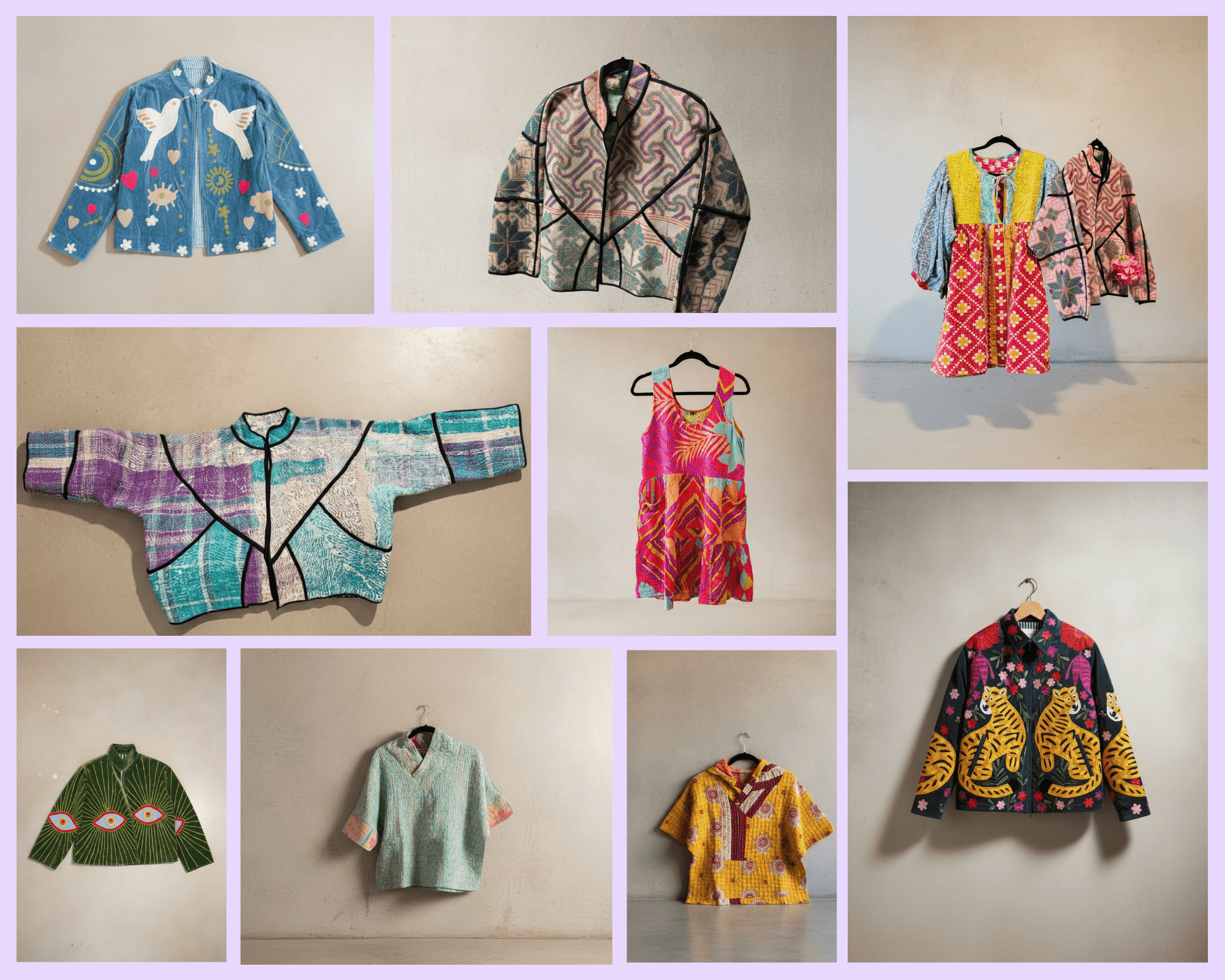 A collage of nine handcrafted garments: a blue denim jacket with embroidered doves and hearts;  a geometric maze blazer in purple and teal; a mixed-print patchwork dress; a wide boxy jacket in a teal stained-glass pattern; a hot-pink tropical mini dress; a green jacket embroidered with large eyes; a