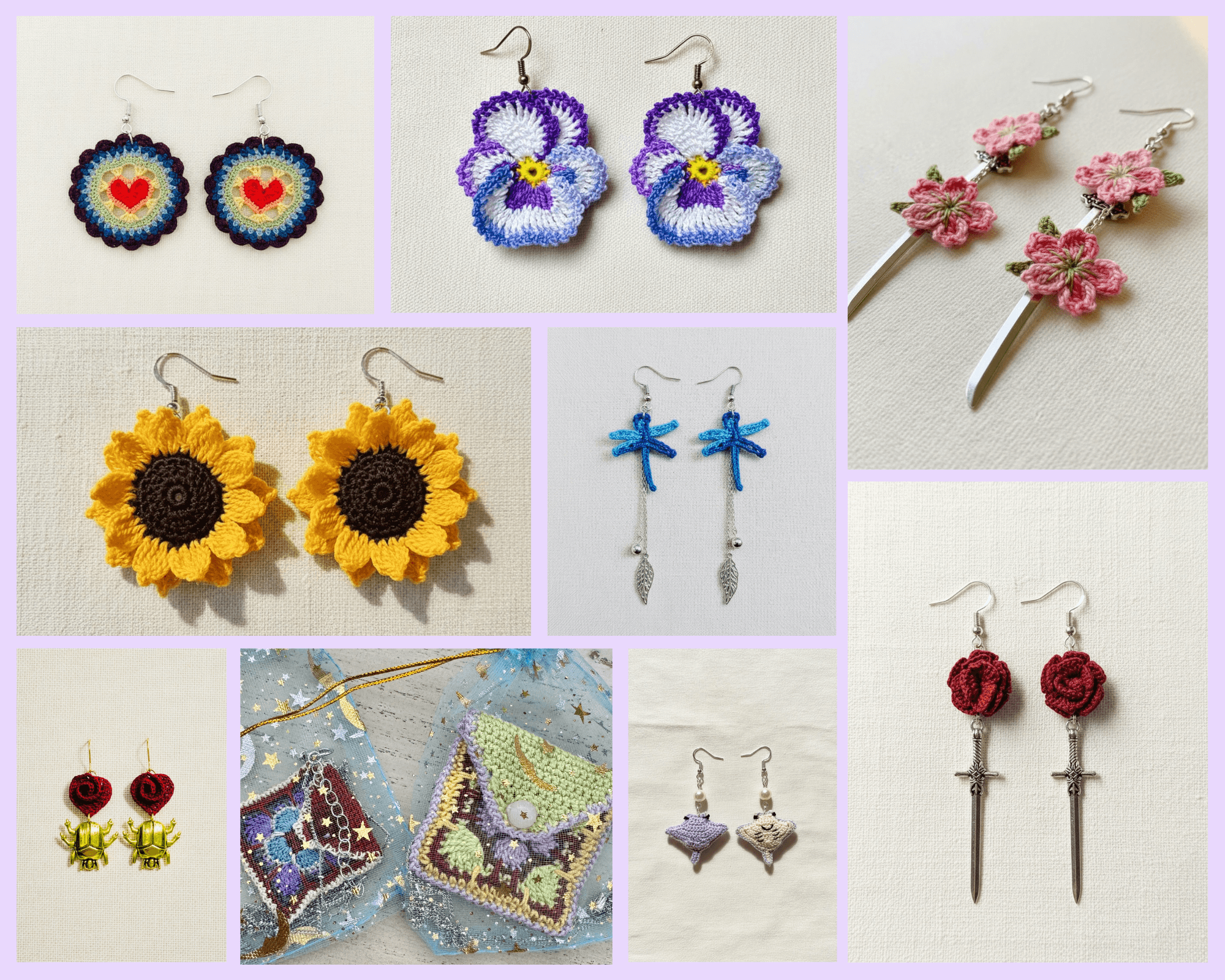 A collage of eight handcrafted earrings and accessories: round mandala earrings with a red heart center; crocheted purple pansy flower earrings; pink crocheted flower earrings on silver dagger charms; large crocheted sunflower earrings in yellow and brown; blue dragonfly earrings with dangling silve