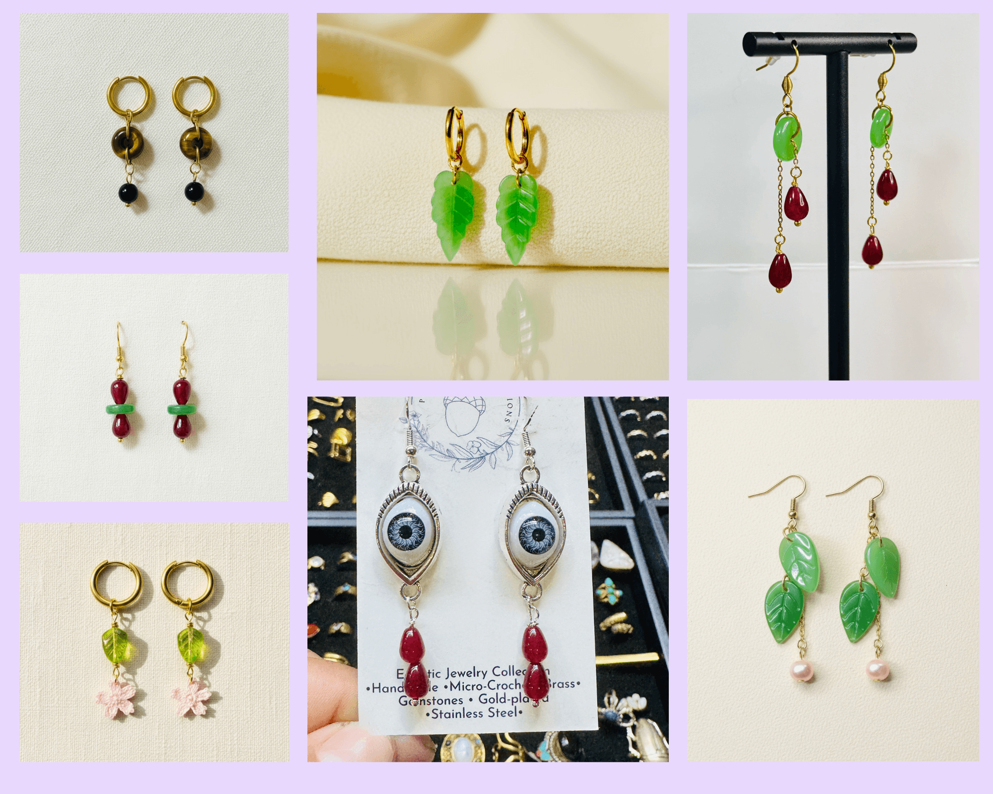 A collage of handcrafted earrings including gold hoops with tiger's eye and black bead drops, gold hoops with green glass leaf drops, dangling green jade and dark red gemstone drops, stacked red and green bead drop earrings, gold hoops with a green leaf and pink flower charm, surrealist silver eyeba