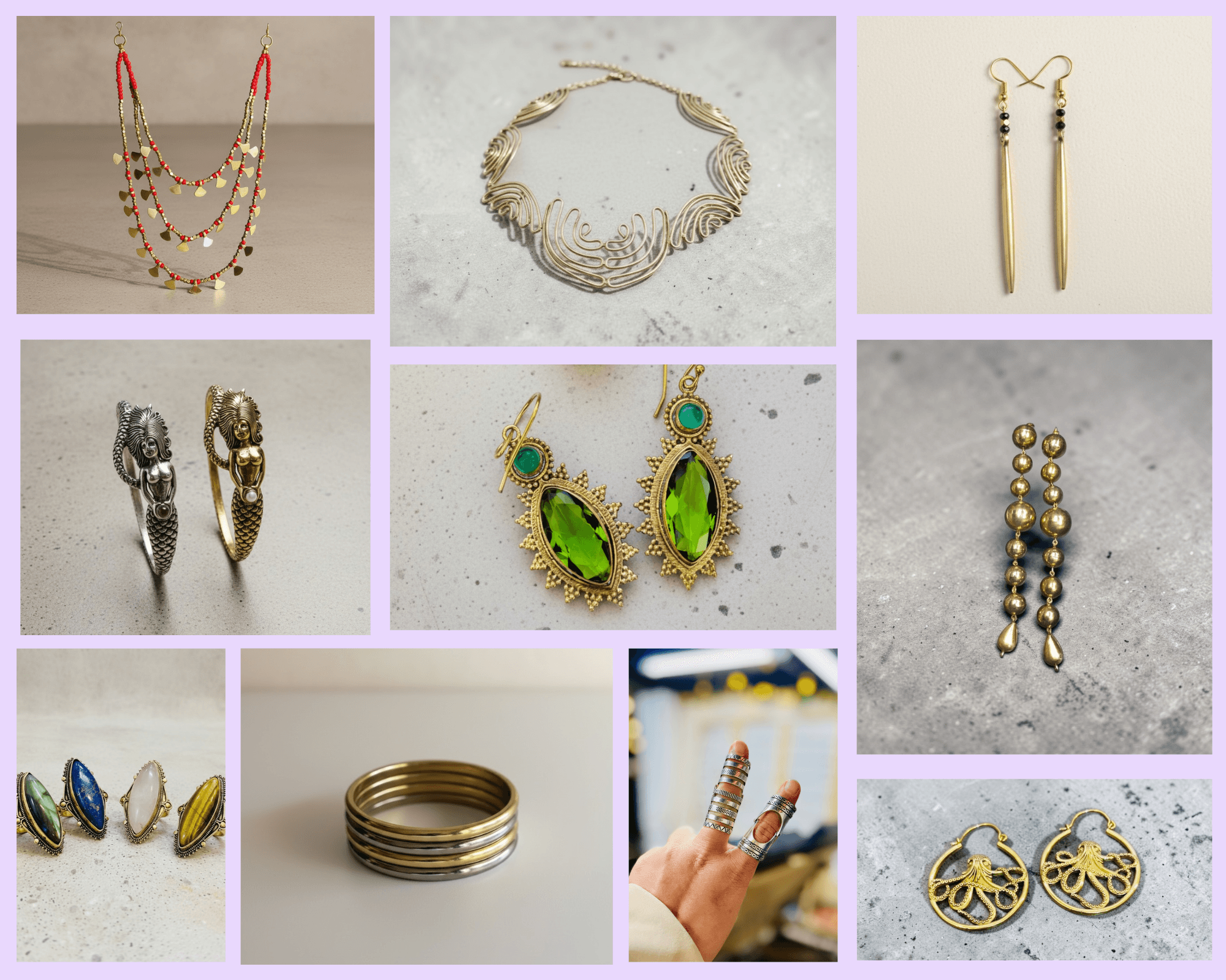 A collage of eight handcrafted rings and earrings including beaded necklaces, a wire-wrapped collar, gemstone earrings, mermaid earrings, stacking rings, peridot earrings in brass, and octopus hoop earrings in brass